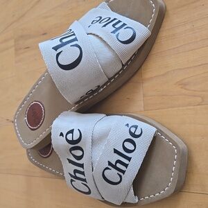 Chloe Beige Logo Mule Slide Sandals
